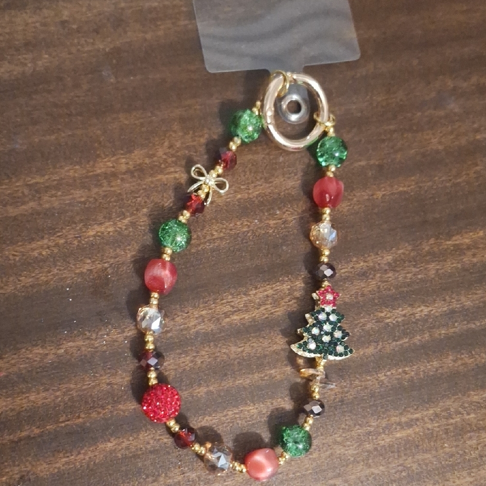 Festive Christmas Tree Bag Charm Phone Lanyard with Red and Green Beads